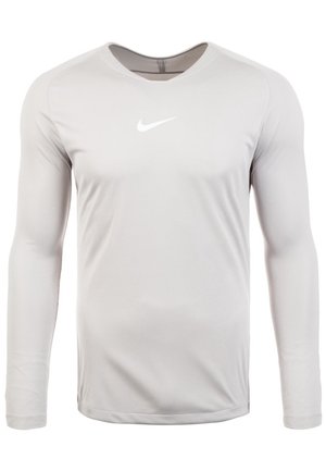 Hellgraues langärmeliges Sportshirt mit Rundhalsausschnitt und kleinem weißem Nike Swoosh-Logo in der Mitte der Brust.