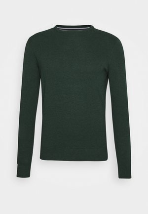 Dark green knitted sweater with a crew neck, long sleeves, and ribbed cuffs and hem. Smooth texture with no visible patterns or accents.