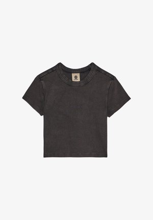 Temno siva skrajšana majica s kratkimi rokavi in okrolim izrezom, na sprednji strani z vijoličnim vezenim napisom "element" ter ojačanimi šivi.