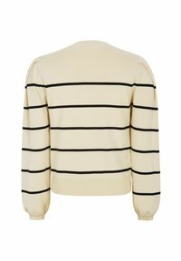 Maglione beige con strisce orizzontali nere. Presenta maniche lunghe, collo rotondo e orlo a coste. Texture morbida e design strutturato.