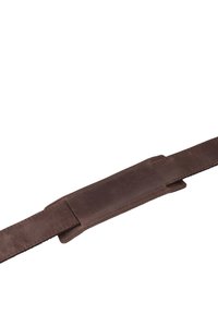 Brown leather belt with a smooth texture and a rectangular central patch. Edges are stitched, featuring a minimalist design without embellishments.