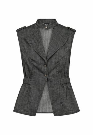 Ujjatlan szürke szabott mellény magas gallérral, patentos gombokkal, széles hajtókával, vállpántokkal és derékban összehúzott kialakítással, fehér háttéren.