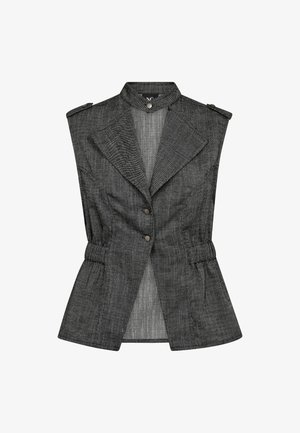 Ujjatlan szürke szabott mellény magas gallérral, patentos gombokkal, széles hajtókával, vállpántokkal és derékban összehúzott kialakítással, fehér háttéren.