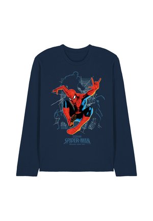 Navy long-sleeve shirt with Spider-Man crouching and web background, featuring "Marvel Studios Spider-Man Brand New Day" text below.