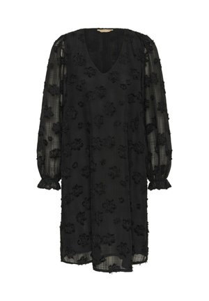 Abito nero realizzato in tessuto trasparente con ricami floreali, scollatura a V, maniche lunghe a sbuffo e orli sfrangiati. Lungo fino al ginocchio con una vestibilità morbida.