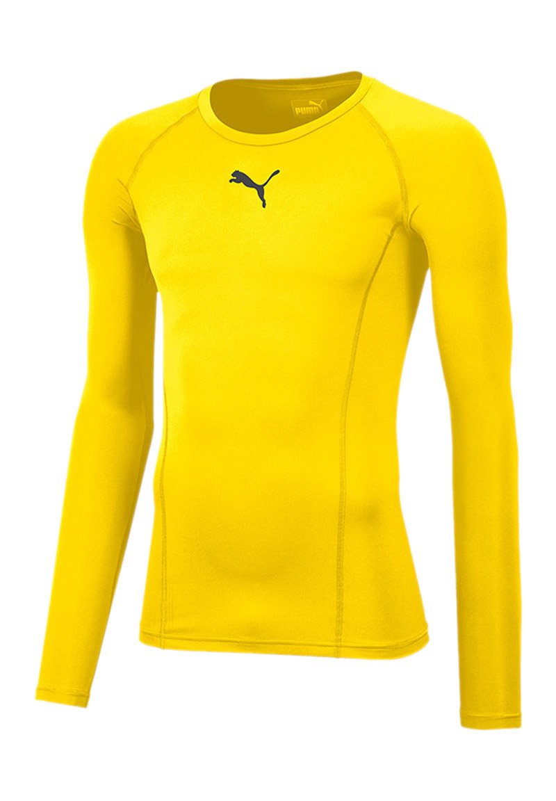 Maglietta da allenamento a maniche lunghe di un vivace colore giallo, realizzata in tessuto elasticizzato. Presenta un collo a giro e un logo Puma blu sul petto.