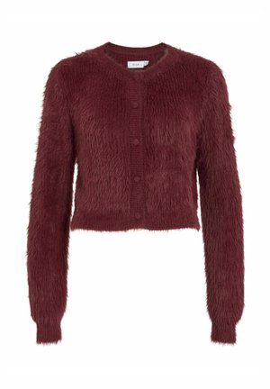Cardigan court bourgogne en matériau doux, avec un col rond, des manches longues et une fermeture boutonnée sur le devant.