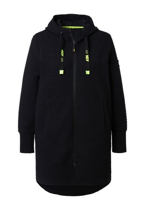 Schwarze Kapuzenjacke mit Reißverschluss, strukturiertem Stoff, zwei seitlichen Taschen, neongrünen Kordelzügen und einem abgerundeten Saum. Robustes und gemütliches Design.