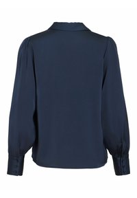 Tumši zila blūze ar strukturētu apkakli, pūstām garām piedurknēm un pogām aizdarāmām aprocēm. Izgatavota no gludas auduma, ar vienkāršu, vienkrāsainu dizainu.