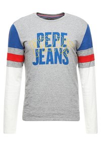 Šedé tričko s dlouhým rukávem a modro-červenými akcenty, které na přední straně nese žlutou grafiku loga "Pepe Jeans". Vyrobeno z bavlny.