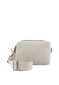 Woven beige Umhängetasche mit Reißverschluss, mit strukturierten Oberflächen und einem verstellbaren gewebten Trageriemen. Akzente aus goldfarbenem Metall.