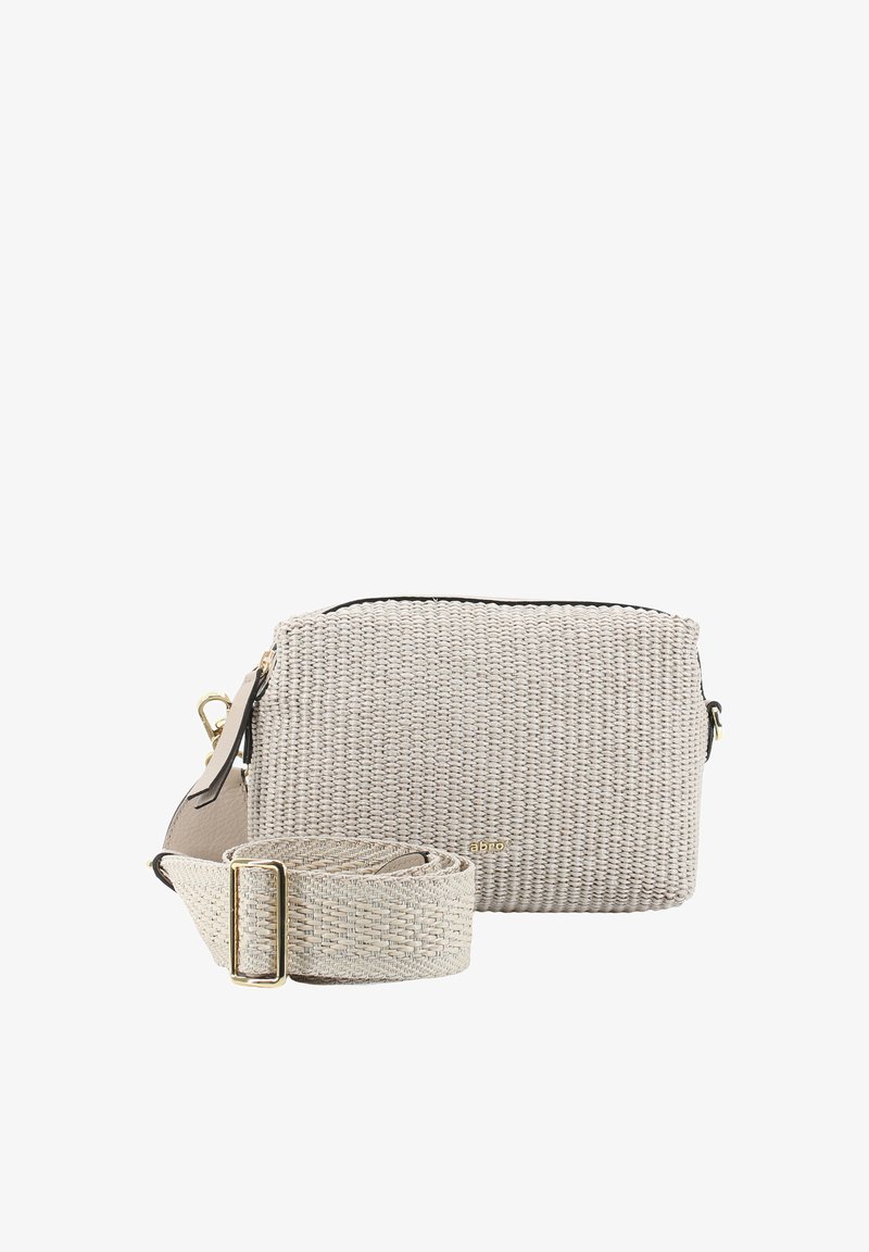 Woven beige Umhängetasche mit Reißverschluss, mit strukturierten Oberflächen und einem verstellbaren gewebten Trageriemen. Akzente aus goldfarbenem Metall.