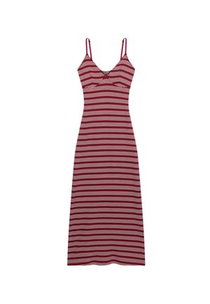 Ärmelloses Midikleid mit dünnen verstellbaren Trägern, tailliertem Oberteil und horizontalen weißen Streifen auf bordeauxfarbenem Hintergrund.