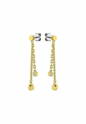 Pendientes en tono dorado con cadenas colgantes, que presentan pequeños discos circulares y acentos de cristal. Las tuercas son de plata con un diseño elegante.