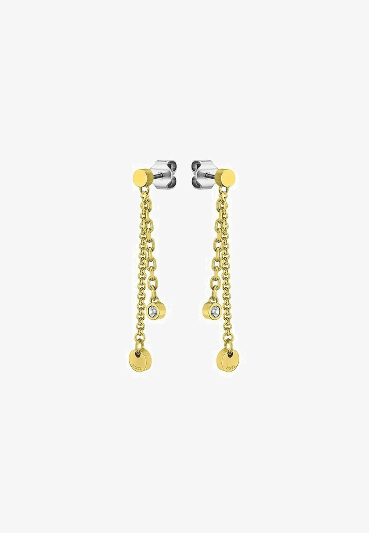 Gouden oorbellen met hangende kettingen, voorzien van kleine ronde schijven en kristallen accenten. De oorklemmen zijn zilver en hebben een strakke vormgeving.