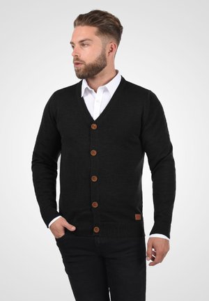 Bărbat cu barbă purtând un cardigan negru nasturat peste o cămașă albă, pozând cu o mână în buzunar, privindu-se spre stânga.