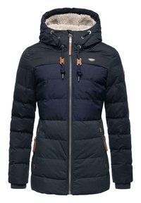 Mornarska puffer jakna s kapuljačom obloženom krznom, kvadratnim dizajnom, prednim zatvaračem i kožnim detaljima na vezicama i bočnim džepovima.