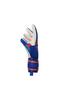 Blue and white goalkeeper glove with orange accents, curved fingers, and wrist strap, shown against a white background.