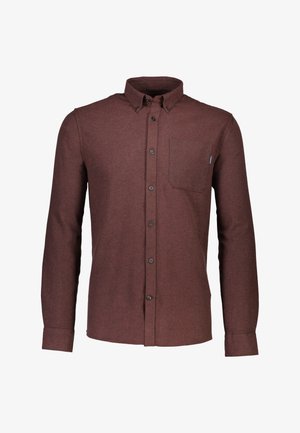Camicia da uomo a maniche lunghe con bottoni in tessuto bordeaux scuro. Presenta una tasca sul petto, bottoni neri e un colletto classico.