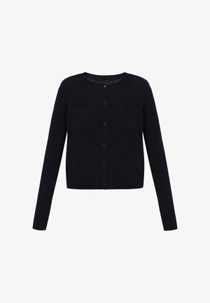 Marineblå cardigan lavet af blødt uld, med rund halsudskæring, lange ærmer, to forlommer og knaplukning foran.