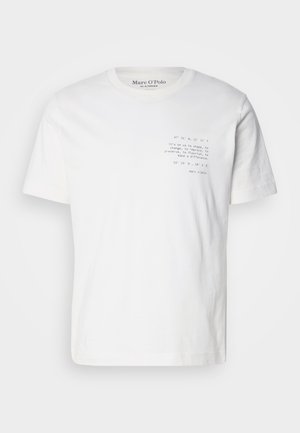 White cotton t-shirt with short sleeves, featuring printed text and coordinates on the front, round neckline, and relaxed fit.