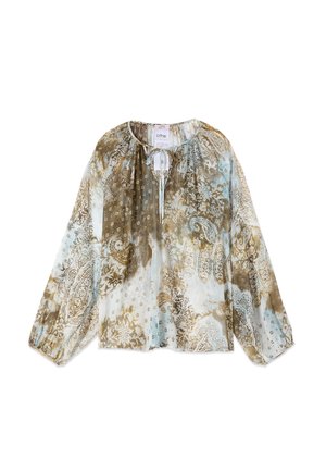 Bluzka z długim rękawem i wiązaniem przy dekolcie, wykonana z przezroczystej tkaniny z delikatnym wzorem paisley i kwiatowym w odcieniach miękkiego niebieskiego, brązu i beżu.