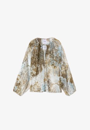 Langärmlige Bluse mit Bindeband am Ausschnitt, versehen mit einem weichen blau-braun-beigen Paisley- und Blumenmuster auf transparentem Stoff.