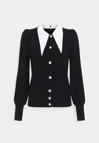Black knitted cardigan featuring a white collar, puffed sleeves, and six gold buttons with pearl accents down the front. Textured design details.