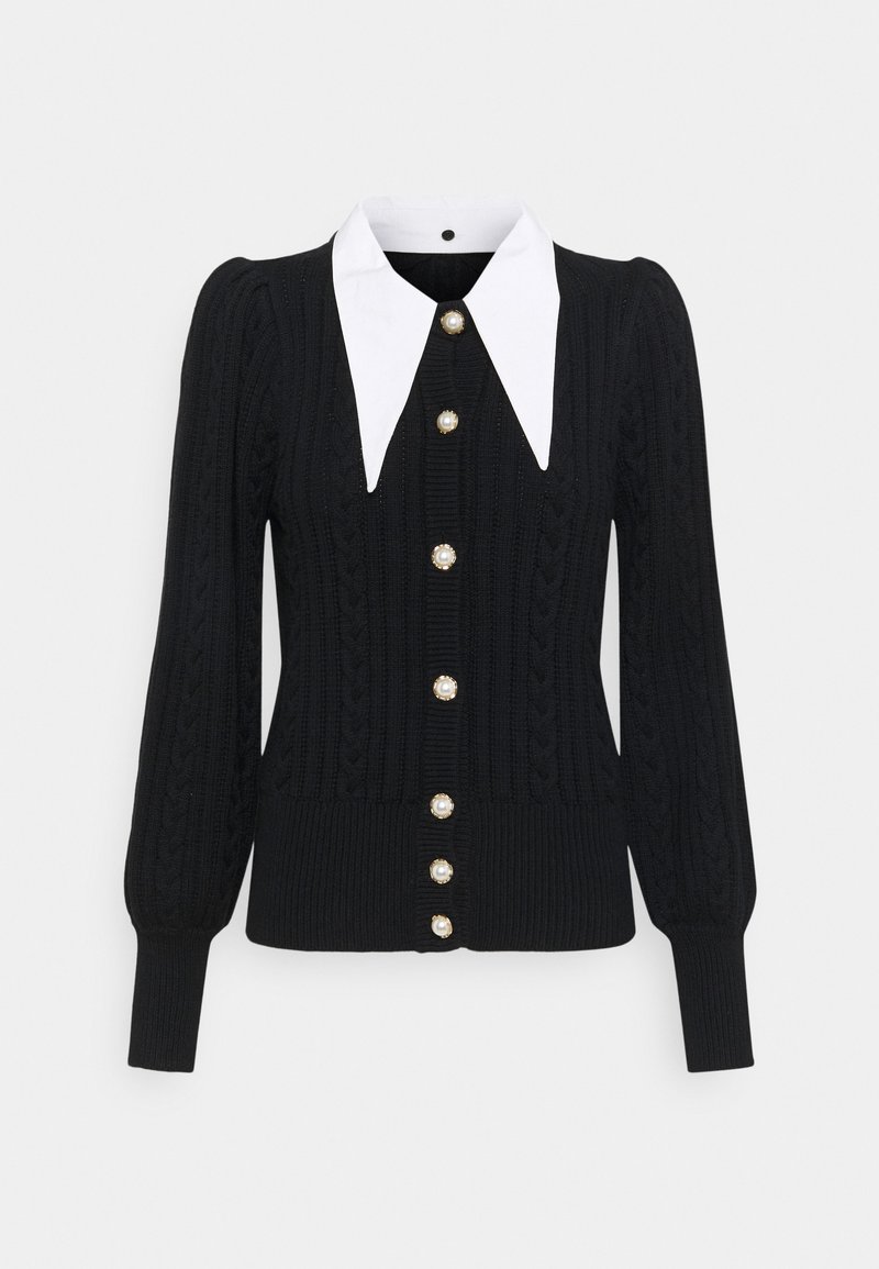 Black knitted cardigan featuring a white collar, puffed sleeves, and six gold buttons with pearl accents down the front. Textured design details.