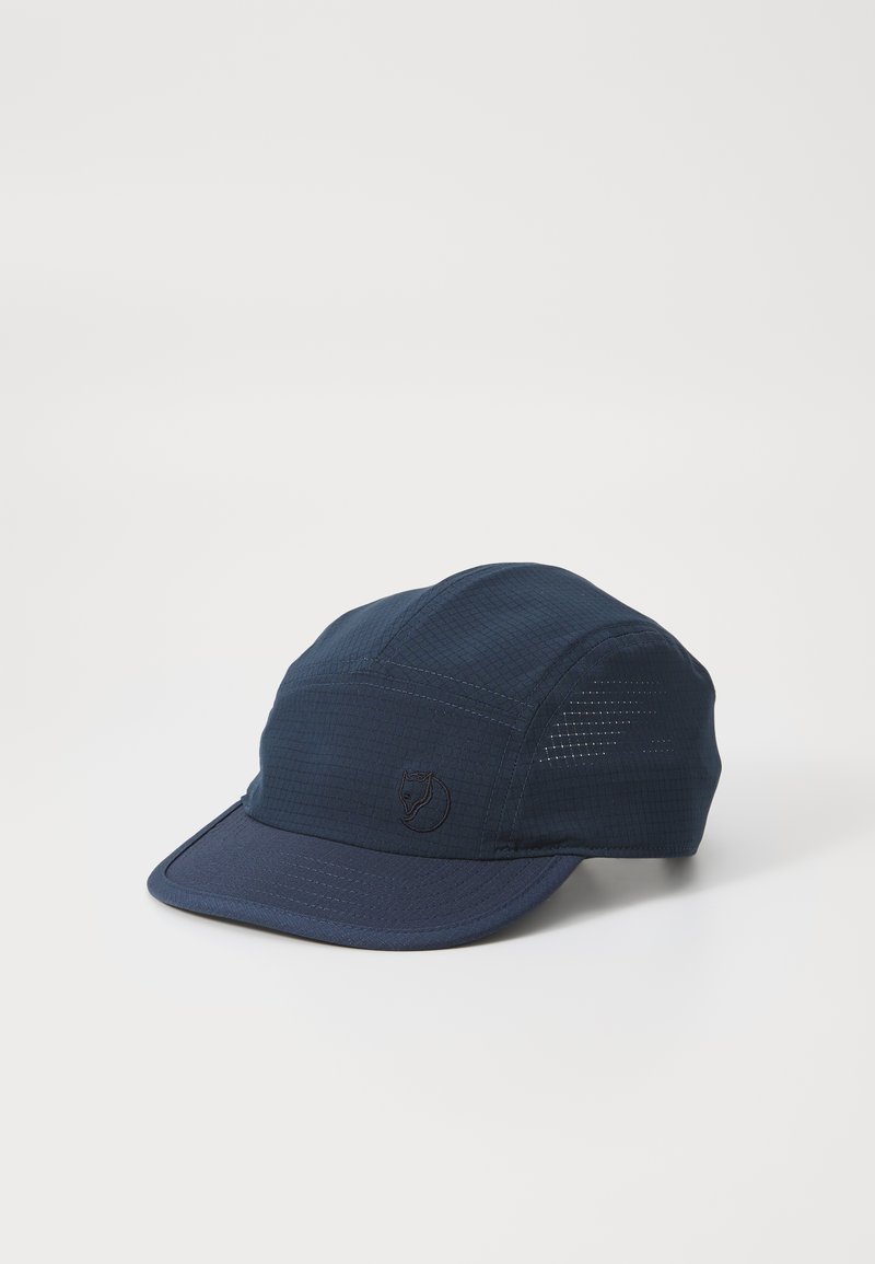 Navy cap with a flat brim, made from textured fabric. Features a front logo and side ventilation details. Lightweight and structured design.