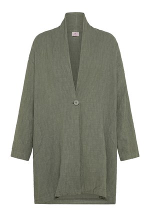 Cárdigan ligero de color verde oliva hecho de tela texturizada, con un ajuste holgado, mangas anchas y cierre frontal con un solo botón.