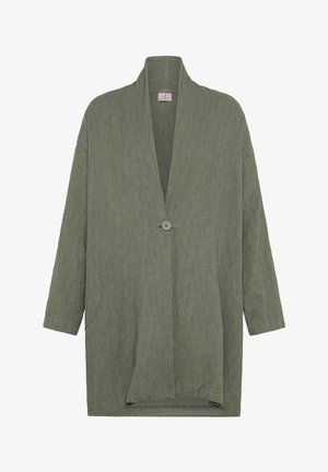 Lichte, olijfgroene cardigan van gestructureerde stof, met een losse pasvorm, wijde mouwen en een enkele knoopsluiting aan de voorkant.