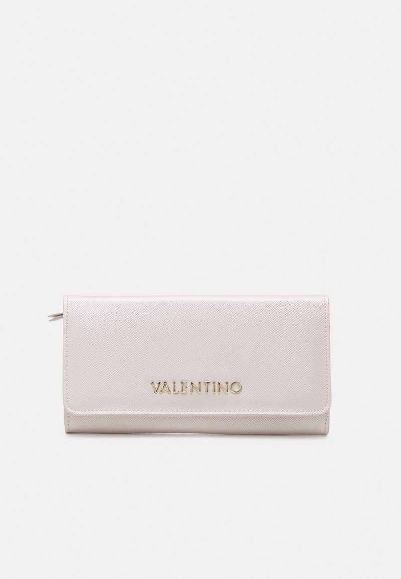Light pink faux leather wallet with a smooth texture, featuring a gold "VALENTINO" logo and a fold-over design.