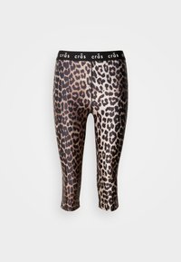 Cropped leggings gemaakt van rekbaar materiaal met een zwart en gouden luipaardprint en een zwarte elastische tailleband.