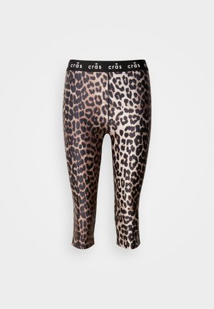 Cropped leggings gemaakt van rekbaar materiaal met een zwart en gouden luipaardprint en een zwarte elastische tailleband.
