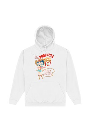 Biała bluza z kapturem z kolorową grafiką postaci o niebieskich włosach, kapeluszu kowbojskim i motywie jedzeniowym, z napisem "Skrzydła Betty O' Fire."