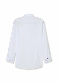 White long-sleeve shirt with a standard collar, featuring buttoned cuff accents and a smooth, lightweight fabric. Back view displayed.