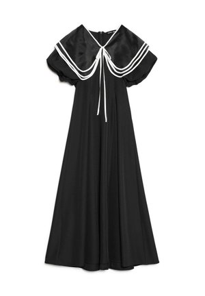 Black maxi dress with puff sleeves, sailor collar trim in white, and front tie detail, zipper closure at back.