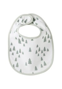 White baby bib with green pine tree pattern and a snap closure around the neck, trimmed with light green edging.