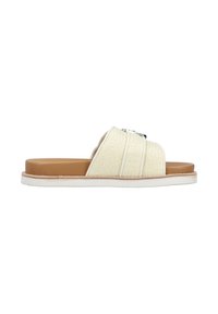 Beige woven slide sandal with a textured upper, two wide straps, and a tan rubber sole, featuring a silver accent detail.