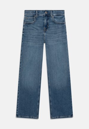 Lichtblauwe denim jeans met een wijd uitlopende pijp, voorzien van een knoopsluiting, voorzakken en een gladde textuur.