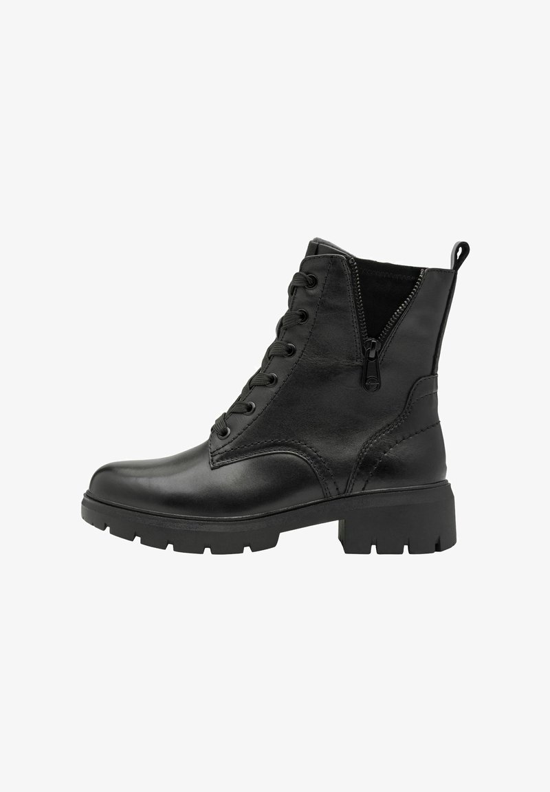 Bottine noire en cuir à lacets avec fermeture éclair latérale, semelle épaisse et languette au dos.