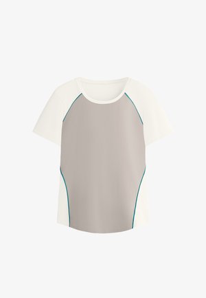 Tričko s krátkym rukávom, ktoré má šedý stredový panel, biele rukávy a tyrkysové detaily pozdĺž švov a výstrihu.