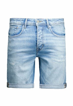 Short en jean bleu clair avec revers roulés, fermeture à boutons sur le devant et détails légèrement usés sur les cuisses.