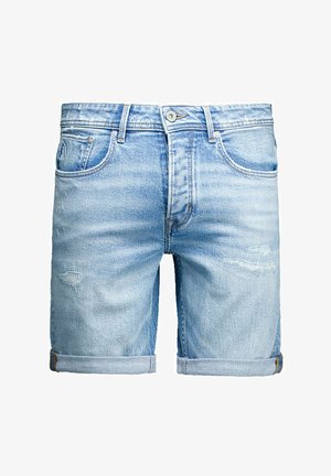 Short en jean bleu clair avec revers roulés, fermeture à boutons sur le devant et détails légèrement usés sur les cuisses.