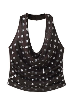Haut noir sans manches avec un col rond plongeant, décoré de motifs floraux en sequins argentés épars.