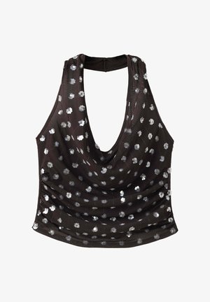 Haut noir sans manches avec un col rond plongeant, décoré de motifs floraux en sequins argentés épars.
