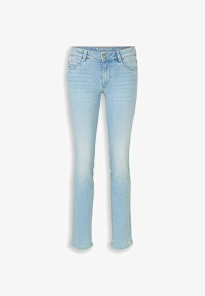 Jean droit bleu clair avec poches avant, passants de ceinture et fermeture par bouton de la marque Tom Tailor, taille 26/32.