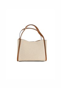 Beige gewebte Stofftasche mit geschwungenen oberen Kanten und braunen Ledergriffen. Sie hat eine strukturierte Oberfläche und ein minimalistisches Design.
