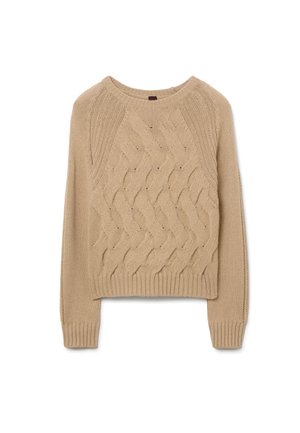 Suéter de punto beige con cuello redondo, puños y dobladillo acanalados; patrón texturizado con un acabado suave y acogedor.